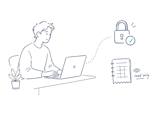 Line illustration of a laptop connected to a locked padlock beside a read-only ledger